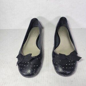 Talbots Women Black Leather Perforated Ballet Flats With Bow Accent Size 7.5
